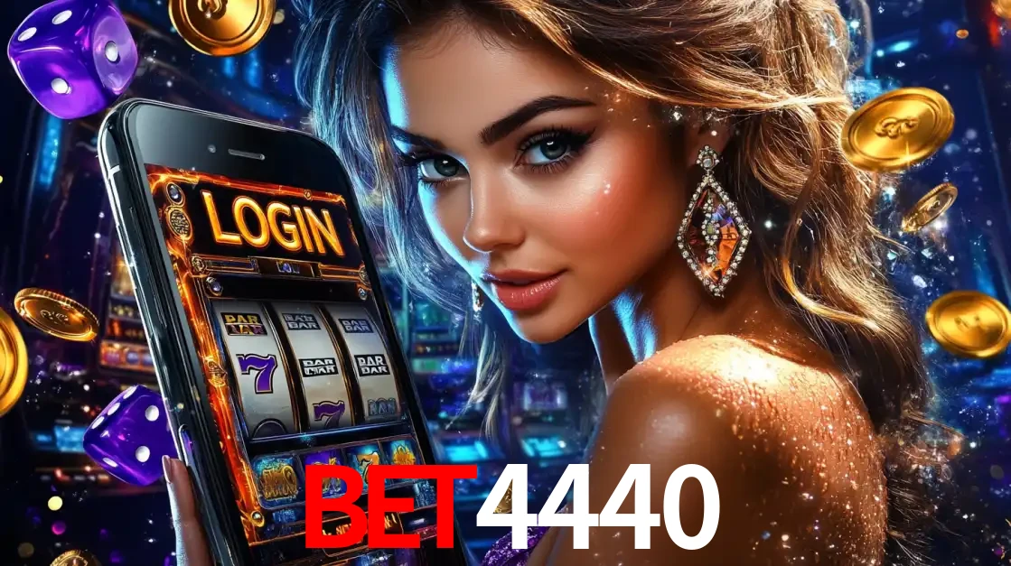 Mulher glamorosa segurando um smartphone com a tela de login para os jogos de caça-níqueis do cassino online bet4440, com moedas de ouro e dados ao redor.